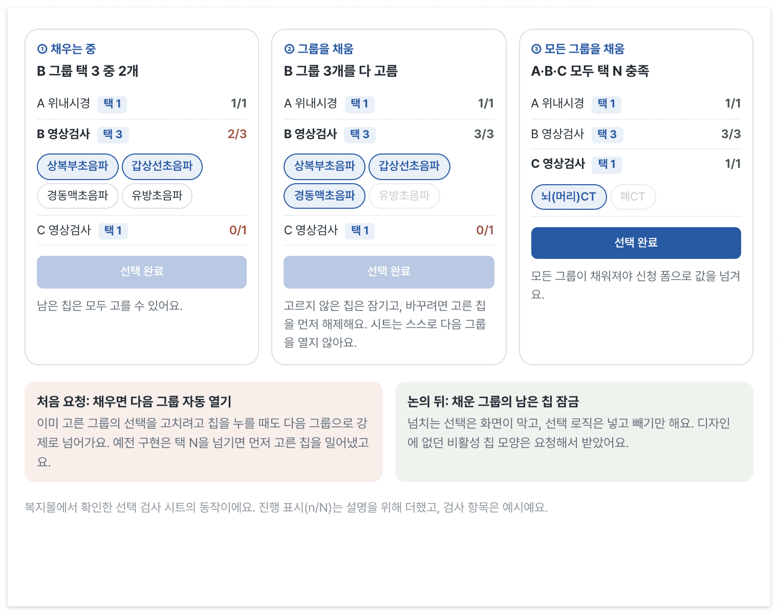 그룹을 채우면 남은 칩이 잠기고, 모든 그룹을 채워야 선택 완료가 켜져요
