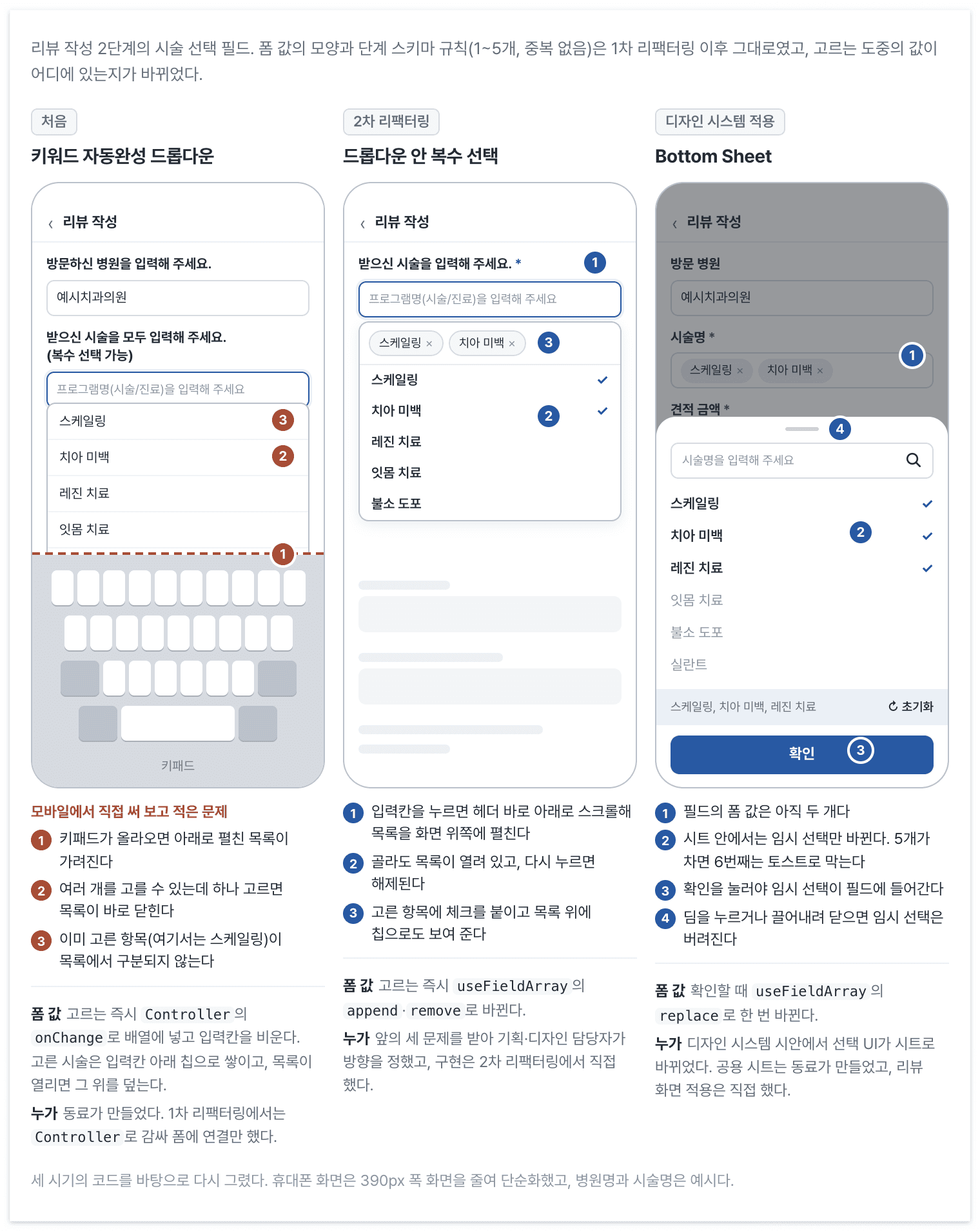 시술 선택 UI는 두 번 바뀌었어요. 드롭다운 안 복수 선택은 2차 리팩터링에서, Bottom Sheet는 디자인 시스템 적용에서 구현했고, 폼 값이 바뀌는 시점을 '고르는 즉시'에서 '확인할 때'로 옮겼어요.